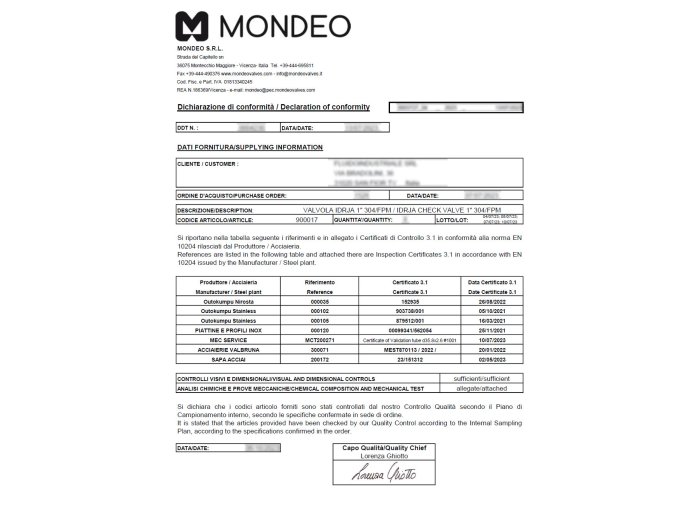CERTIFICATO DI CONFORMITA` 3.1